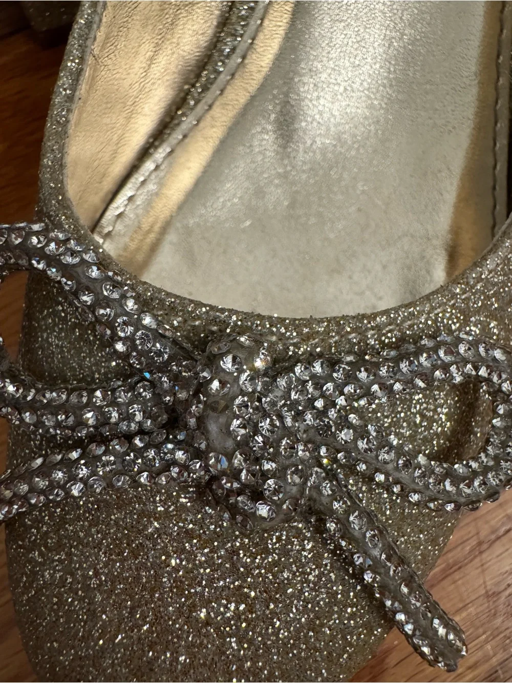Nina Gold Glitter Ankle-Strap Dress Shoes with Crystal Bow